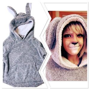La Vie en Rose Sz S/M Bunny Hoodie Plush Sherpa ears grey white Warm Cozy Teddy